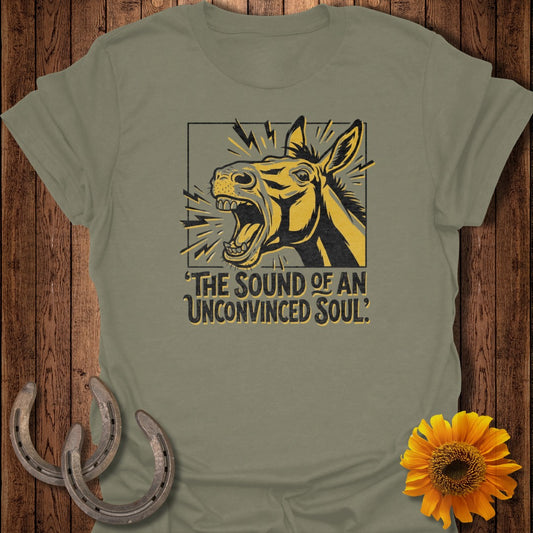 Donkey head graphic with text "The Sound of an Unconvinced Soul" on a t-shirt.