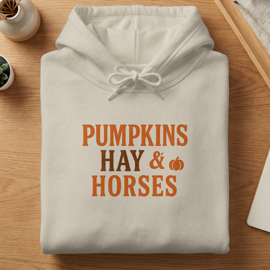 Cream hoodie with "Pumpkins Hay & Horses" text and pumpkin graphic.