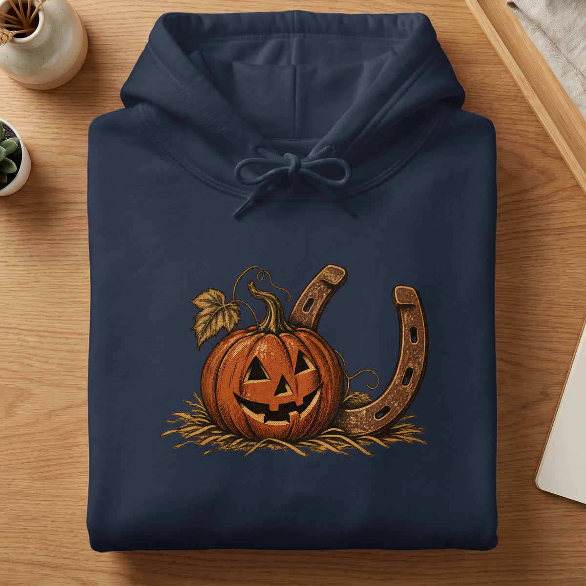 Navy hoodie with a jack-o'-lantern and horseshoe graphic.