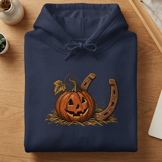 Navy hoodie with a jack-o'-lantern and horseshoe graphic.