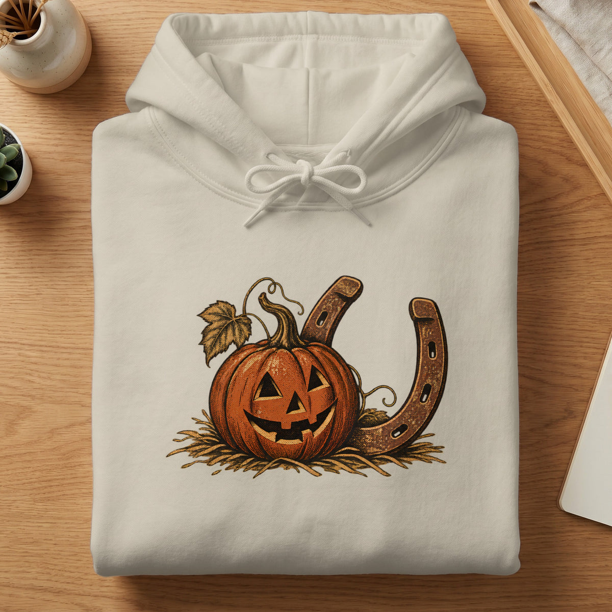 Cream hoodie with a jack-o-lantern and a horseshoe graphic.