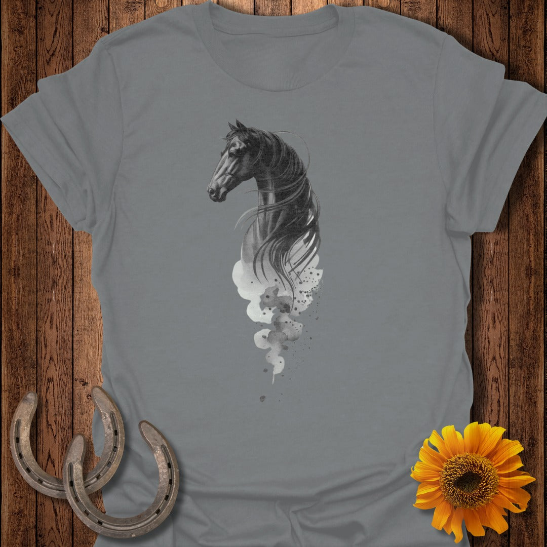 Gray t-shirt with a black horse silhouette and misty accents.