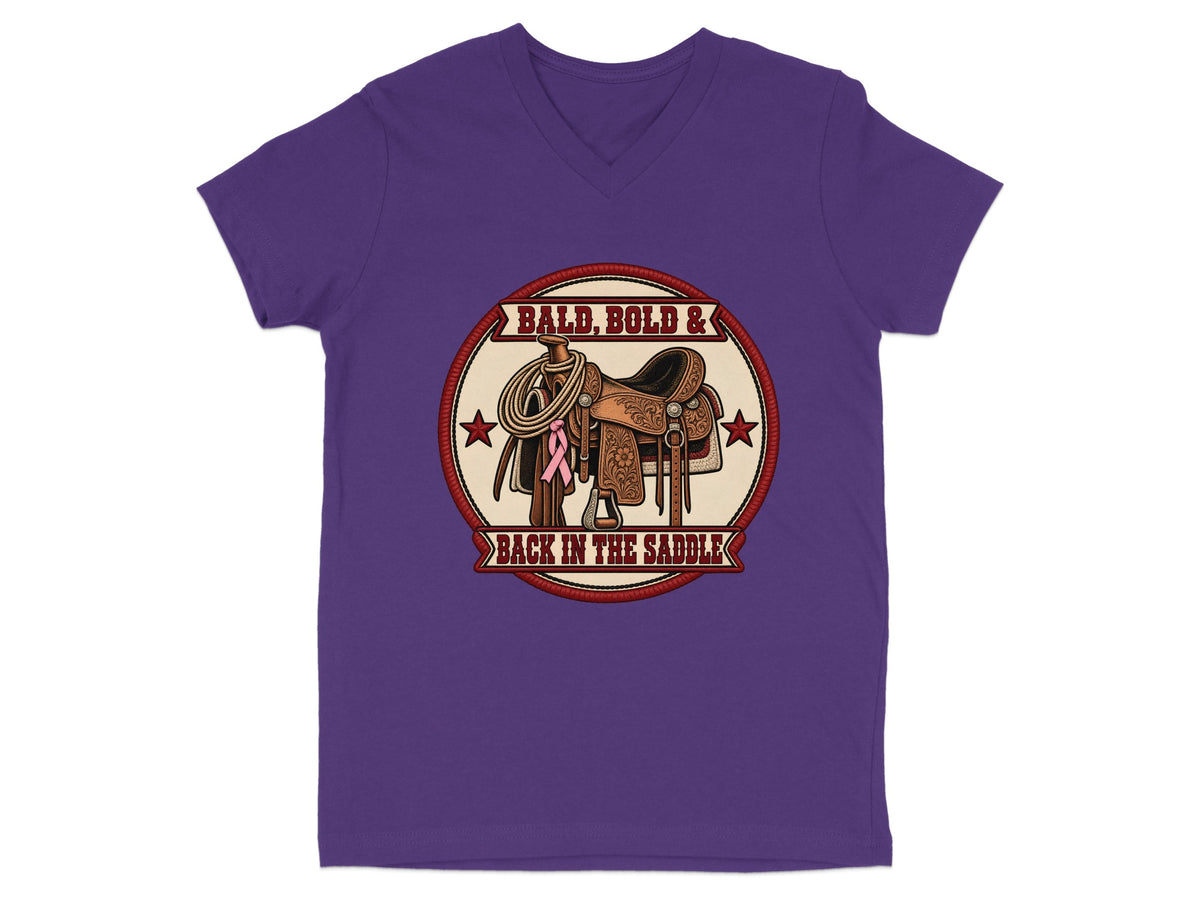 Purple v-neck shirt with a rodeo saddle, rope, and pink ribbon design.