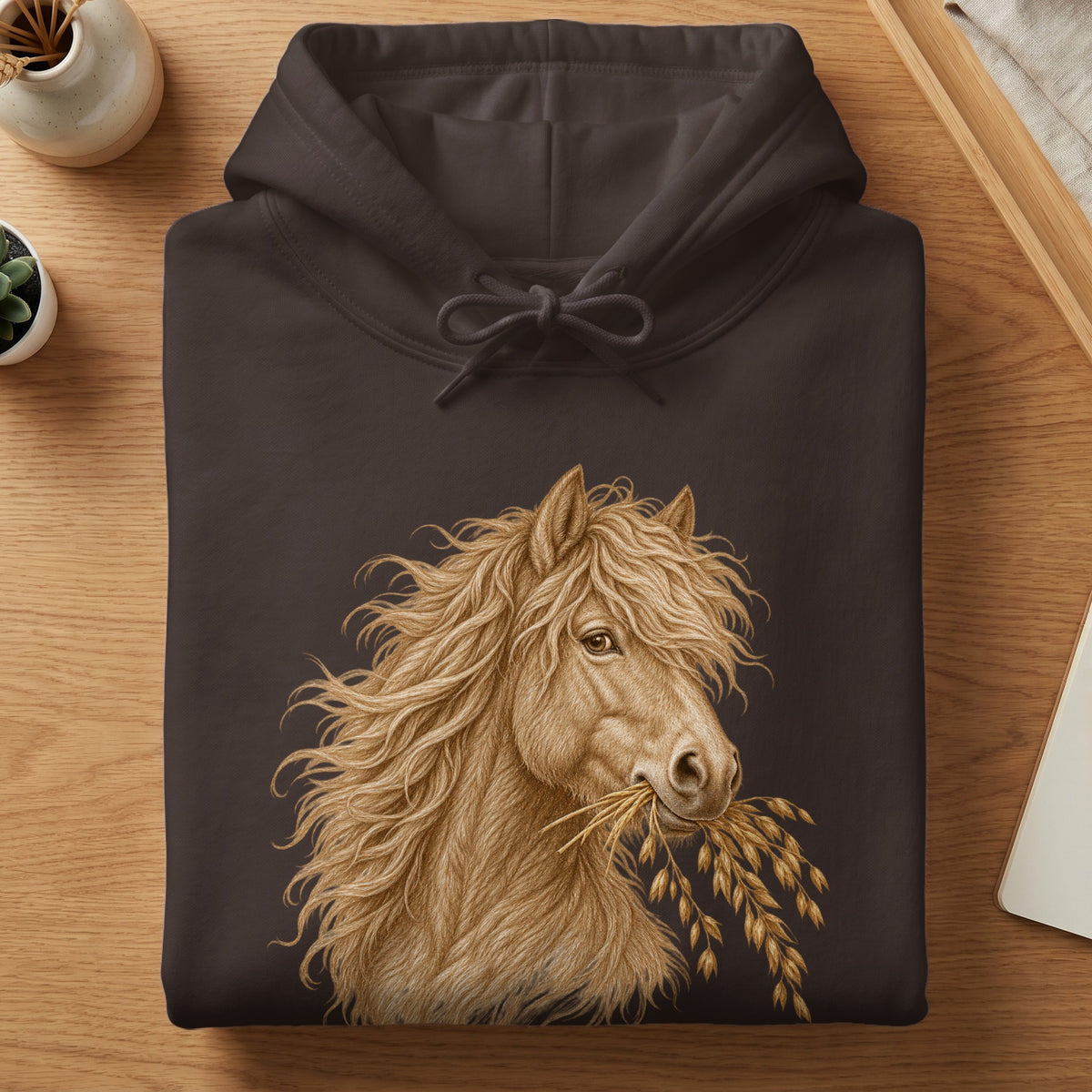 Brown hoodie with detailed illustration of a horse eating wheat.