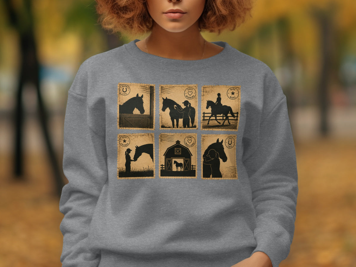 Horse-themed stamps showing riders, people with horses, and a barn are printed on a grey sweatshirt.