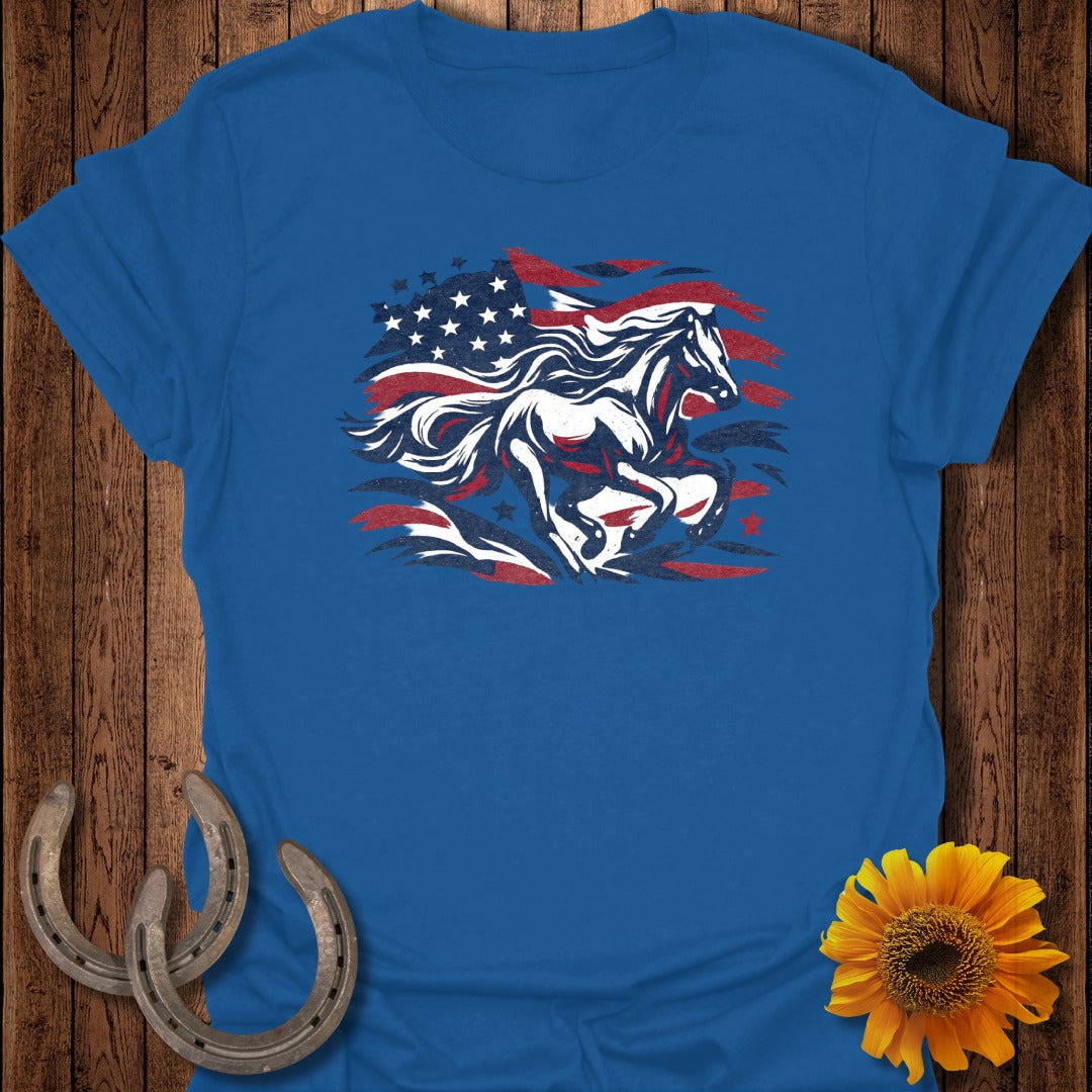 Blue t-shirt with distressed American flag and running horse graphic.