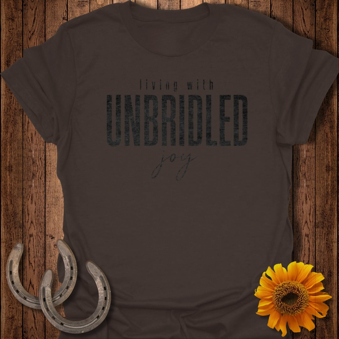 Dark brown t-shirt with "living with unbridled joy" text, horseshoe, and sunflower.