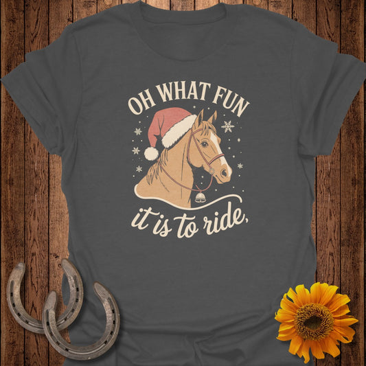 Horse wearing Santa hat with text "Oh What Fun It Is To Ride".