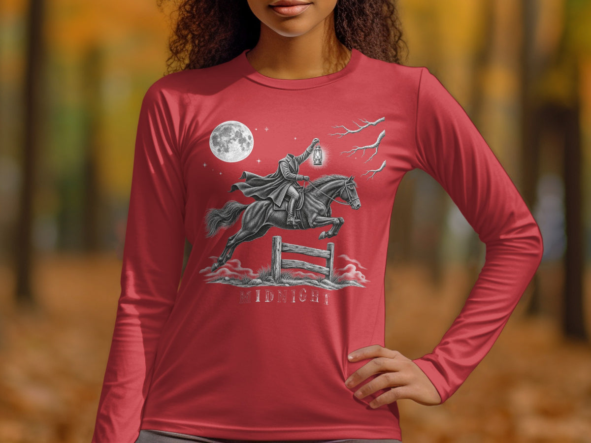 Headless horseman with lantern jumping fence under moon. "MIDNIGHT" text.