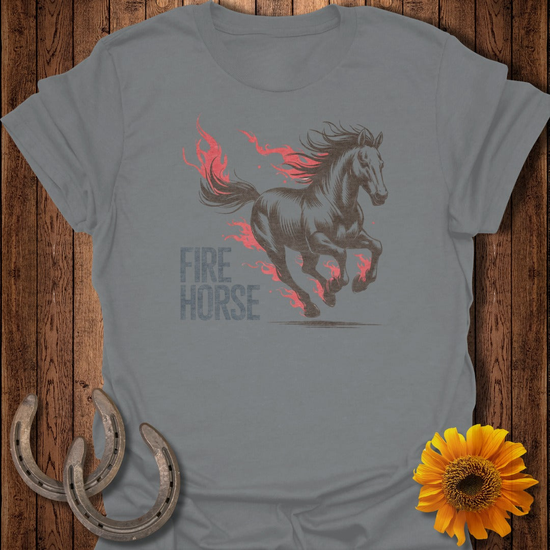 Grey t-shirt with a black horse outlined in red flames and the text "FIRE HORSE".