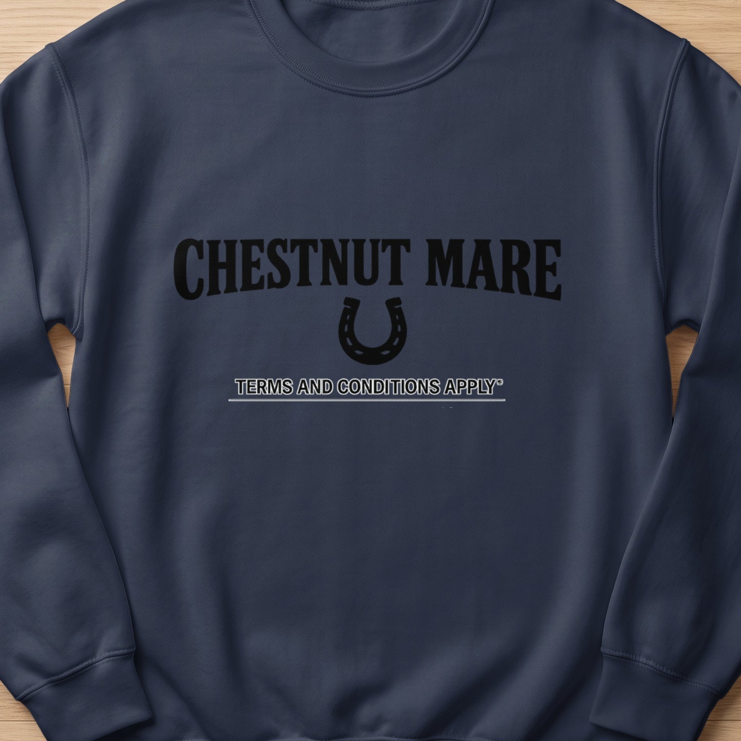 Navy sweatshirt with "CHESTNUT MARE" and a horseshoe graphic.