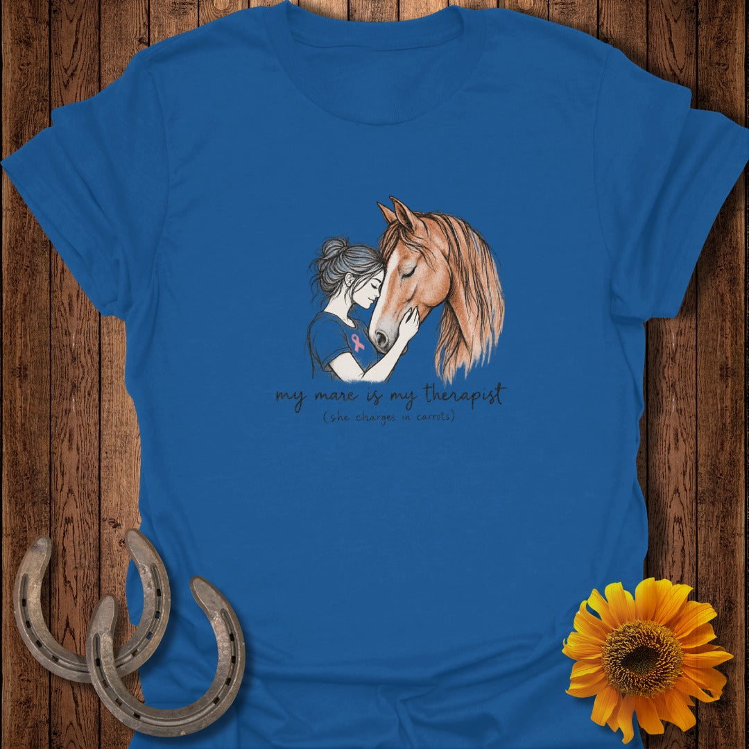 Illustration of woman hugging horse, text reads "my mare is my therapist (she charges in carrots)".