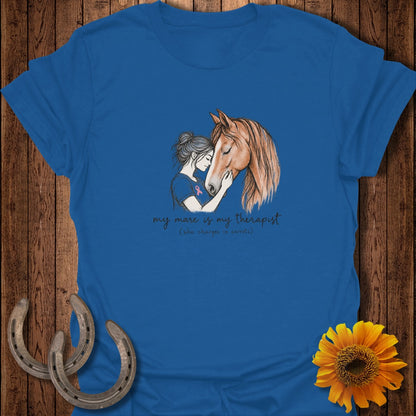 Illustration of woman hugging horse, text reads "my mare is my therapist (she charges in carrots)".