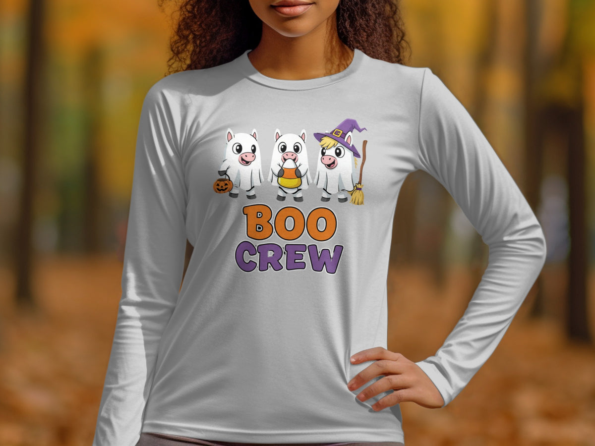 Three cartoon horses in Halloween costumes with text "BOO CREW" on a shirt.