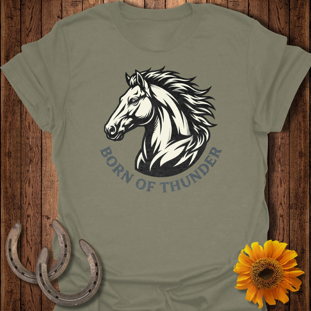 T-shirt with horse head design and "Born of Thunder" text.
