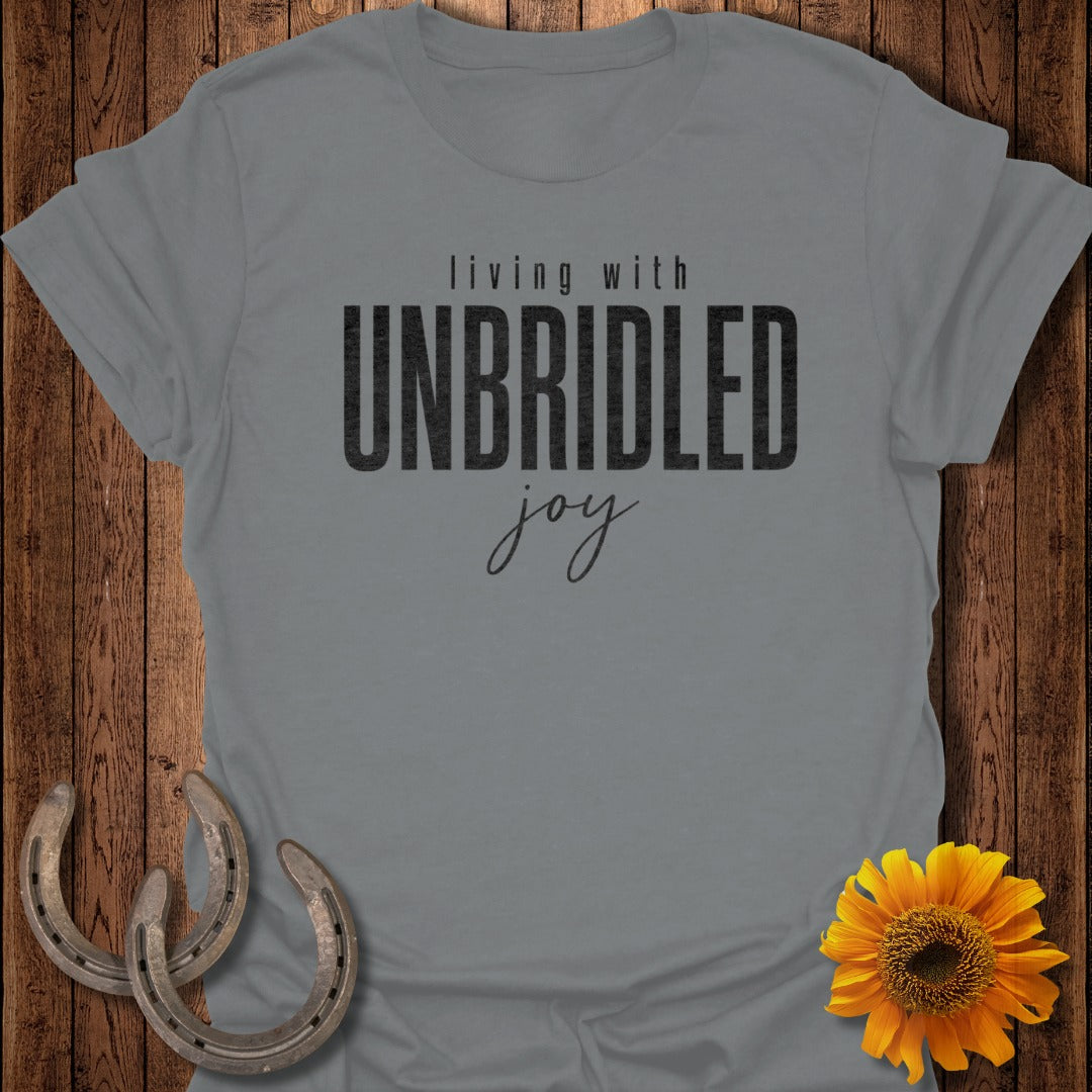 Grey t-shirt with "Living with Unbridled Joy" text, horseshoes, and sunflower.