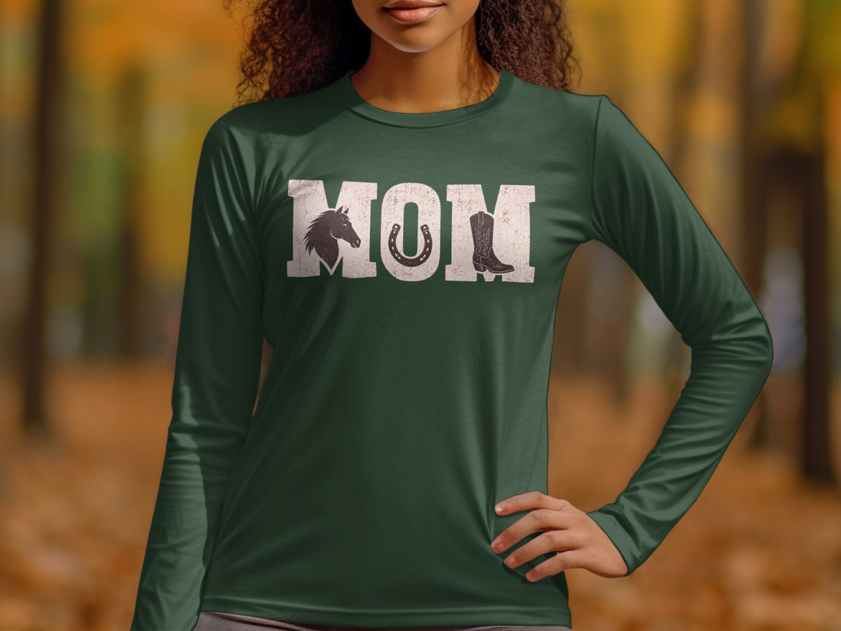 Green long sleeve shirt with distressed "MOM" graphic featuring horse, horseshoe, and cowboy boot.