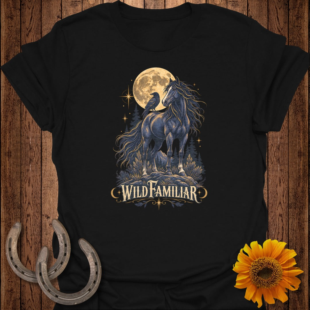 Black t-shirt with a horse and raven under a full moon, with "WILD FAMILIAR" text.