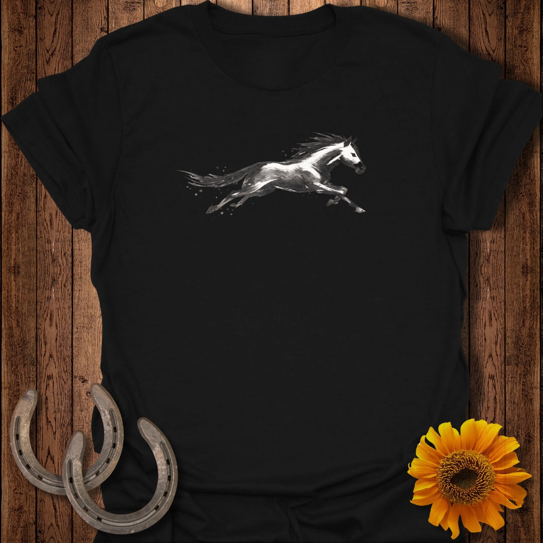 Black t-shirt featuring a monochrome watercolor horse graphic with white accents.