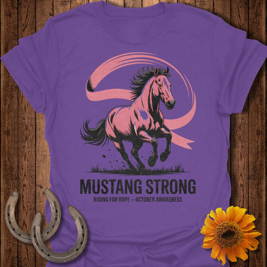 Purple t-shirt with pink horse graphic and "Mustang Strong" text.