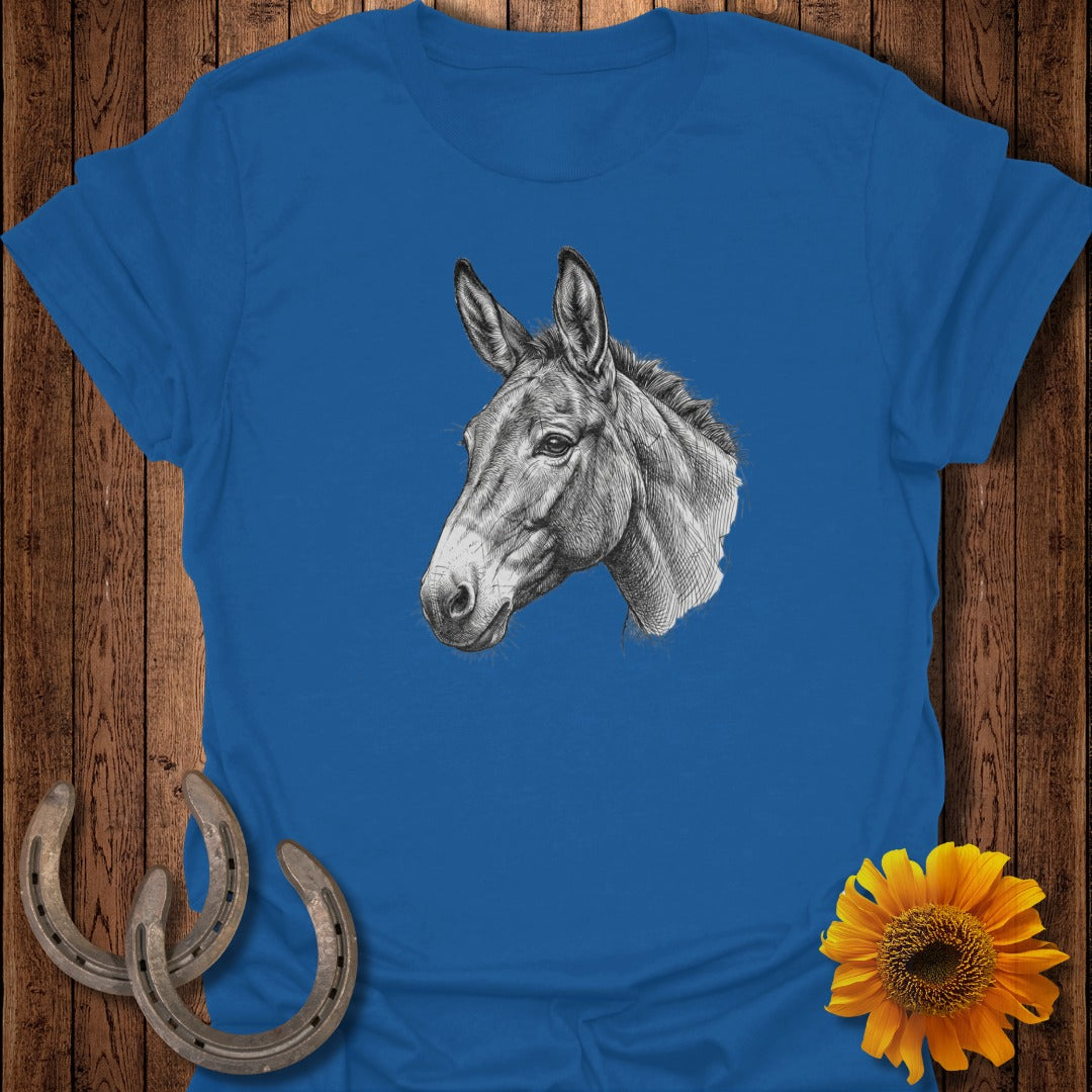 Blue t-shirt featuring a black and white sketch of a mule's head.
