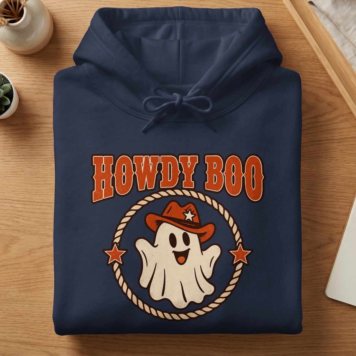 Navy hoodie with "Howdy Boo" text and a cowboy ghost graphic.