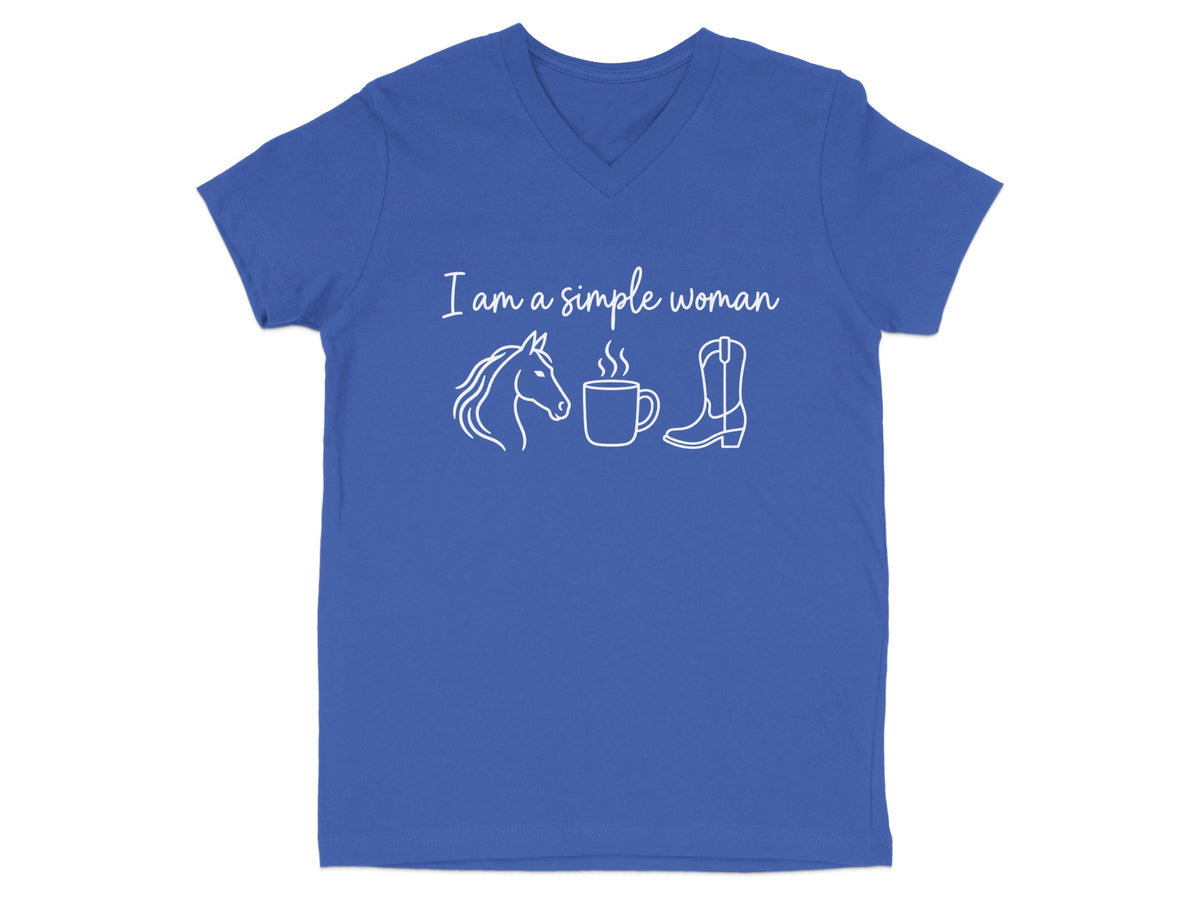 Blue v-neck t-shirt with "I am a simple woman" and horse, coffee, boot graphics.