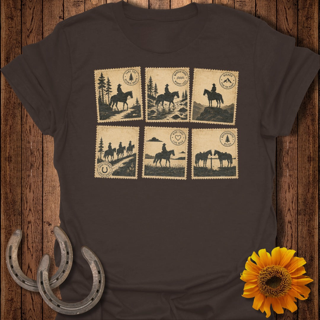 Brown t-shirt with six vintage postage stamp illustrations of horses and riders.