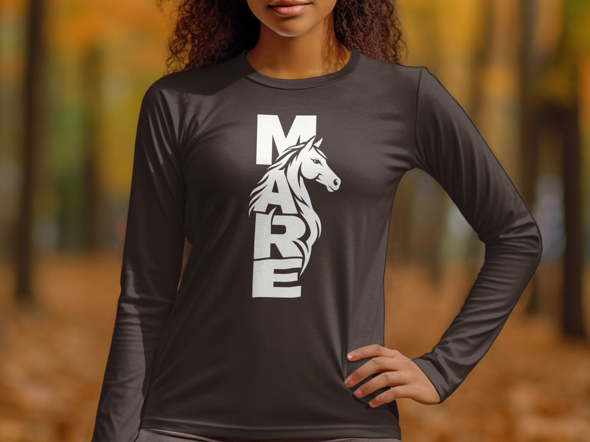 A person wearing a dark grey long-sleeve shirt with a white graphic of a horse and the word MARE.