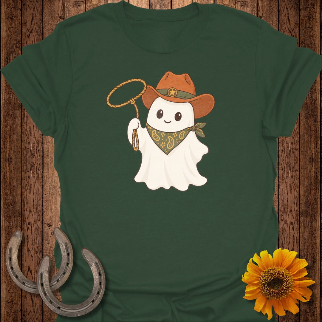 Ghost cowboy wearing a hat and bandana, holding a lasso, on a dark green t-shirt.