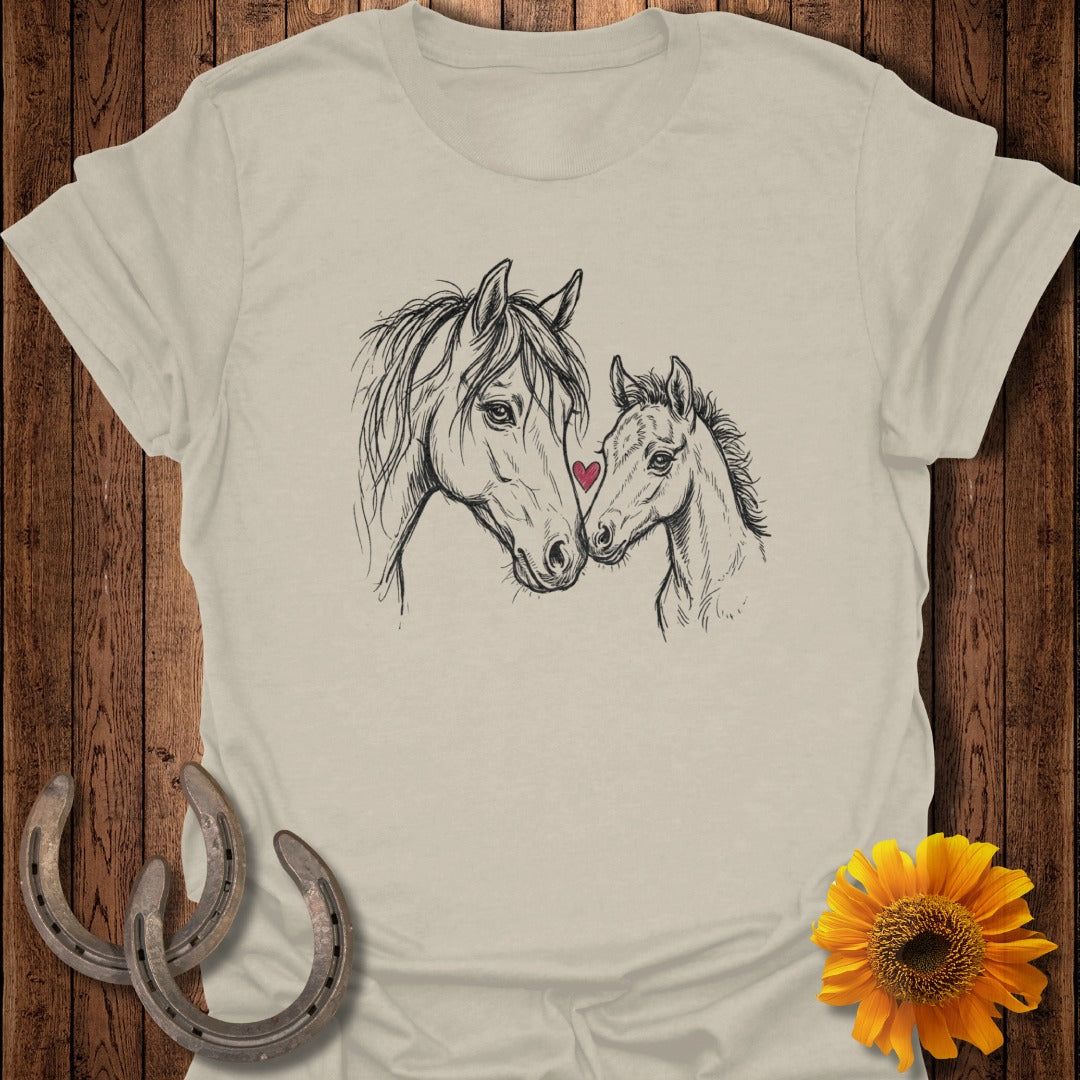 Horse and foal sketch with small red heart on foal's nose.