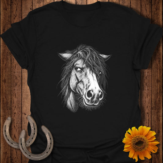 Black t-shirt with detailed sketch of a horse's head and two horseshoes.