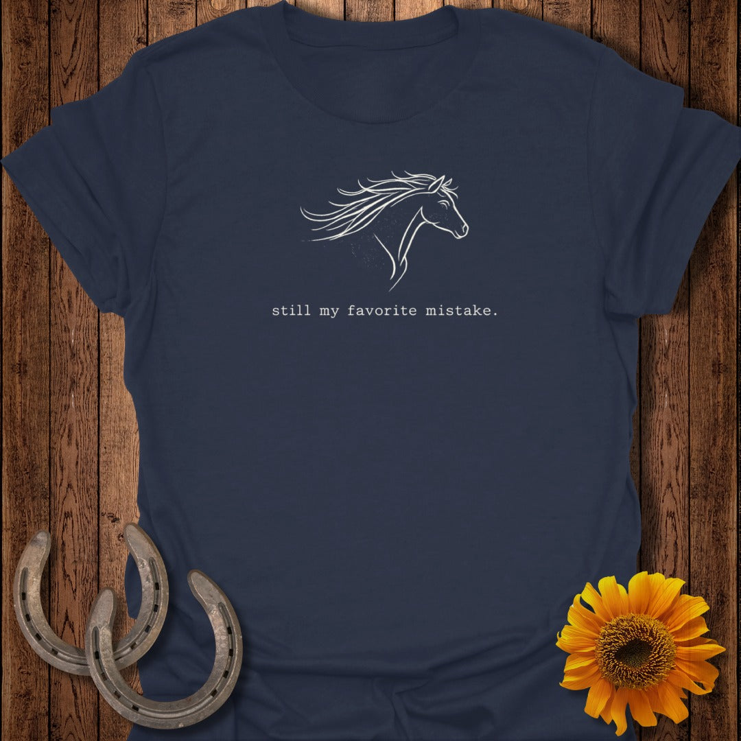 Navy t-shirt with horse graphic and text "still my favorite mistake."