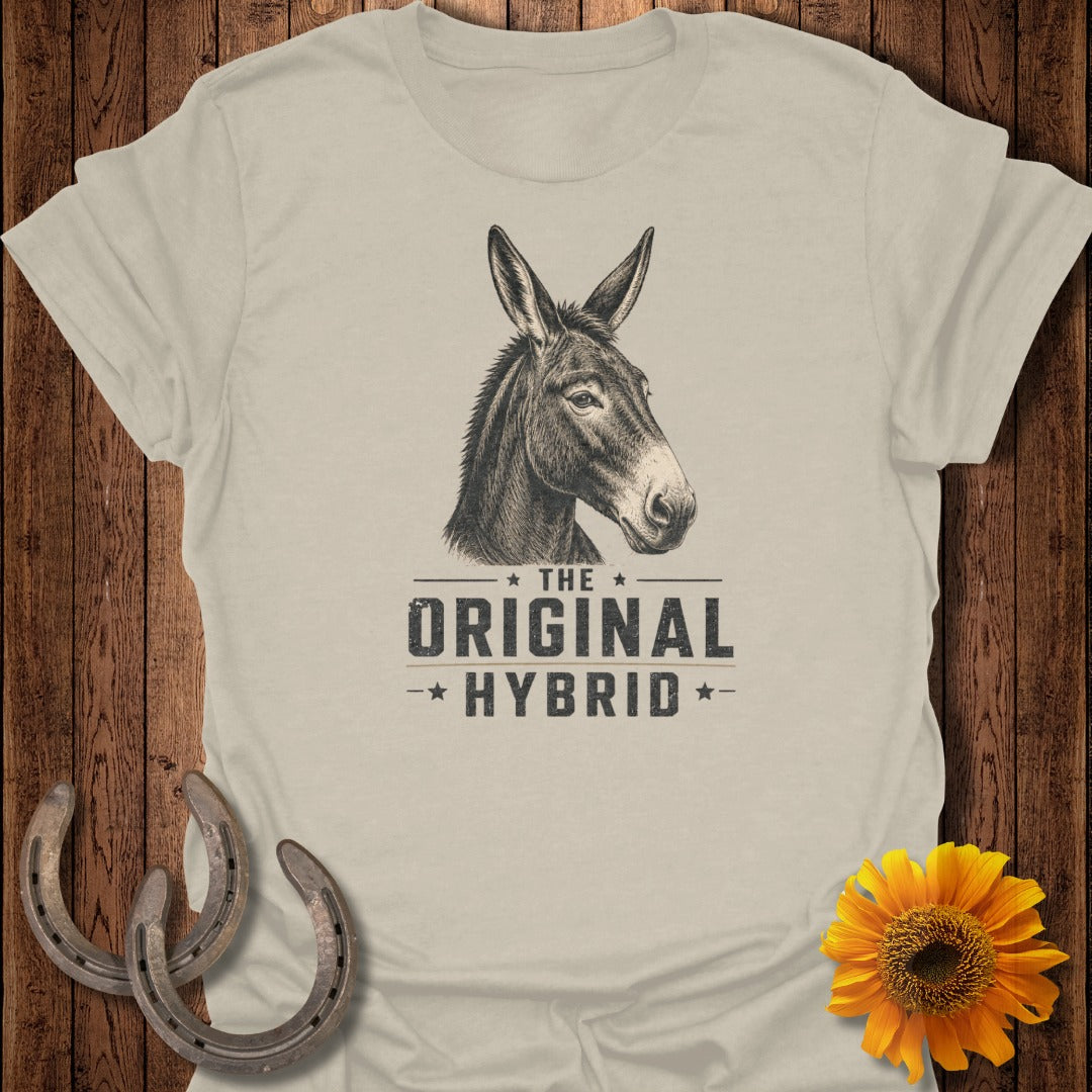 T-shirt with a donkey illustration and text "The Original Hybrid."