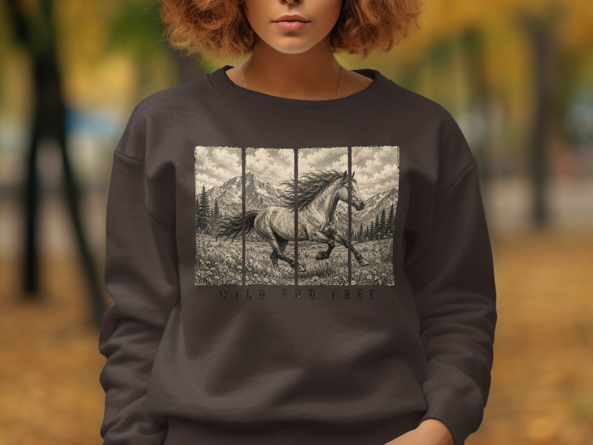 Dark sweatshirt with a vintage-style illustration of a running horse in a mountainous landscape, reading "WILD AND FREE".