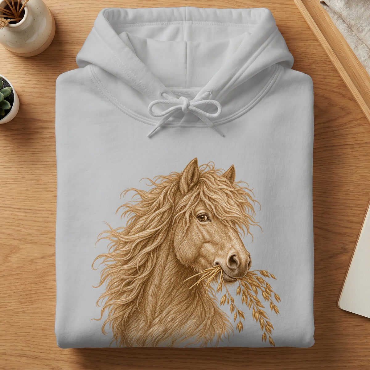 A folded white hoodie features a detailed brown illustration of a horse holding wheat in its mouth.
