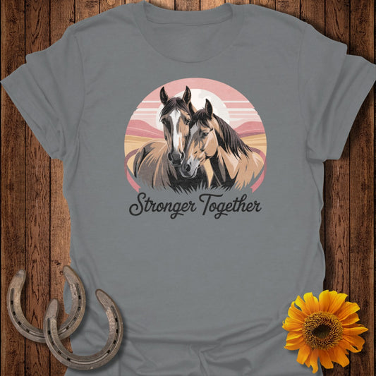 Two horses nuzzle in front of a sunset with "Stronger Together" text.