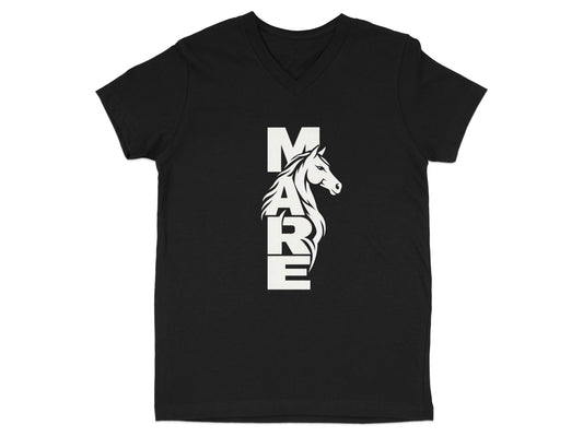 A black V-neck t-shirt featuring a white graphic of a horse and the text MARE.
