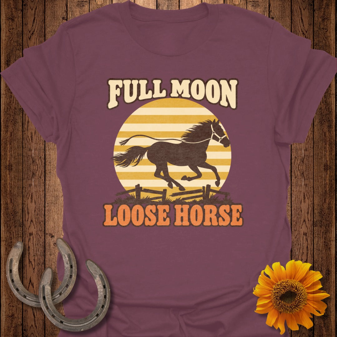 Maroon t-shirt with "Full Moon Loose Horse" text and a running horse silhouette.