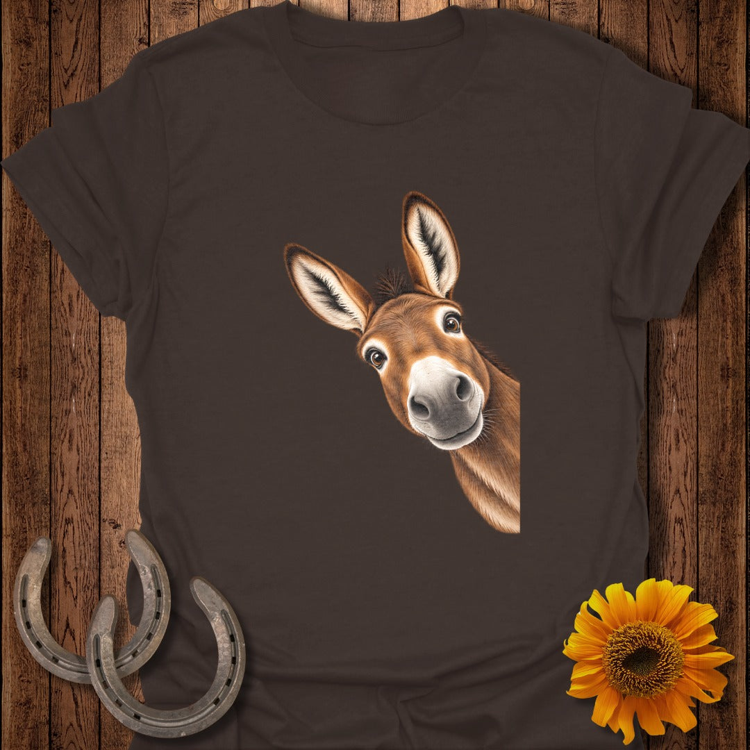 Brown t-shirt with a curious donkey illustration and two horseshoes.