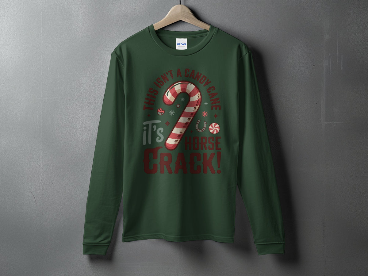 Dark green long sleeve shirt with text and candy cane graphics.
