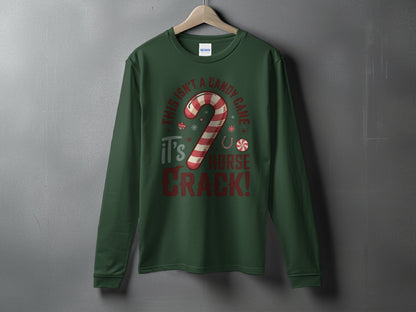 Dark green long sleeve shirt with text and candy cane graphics.