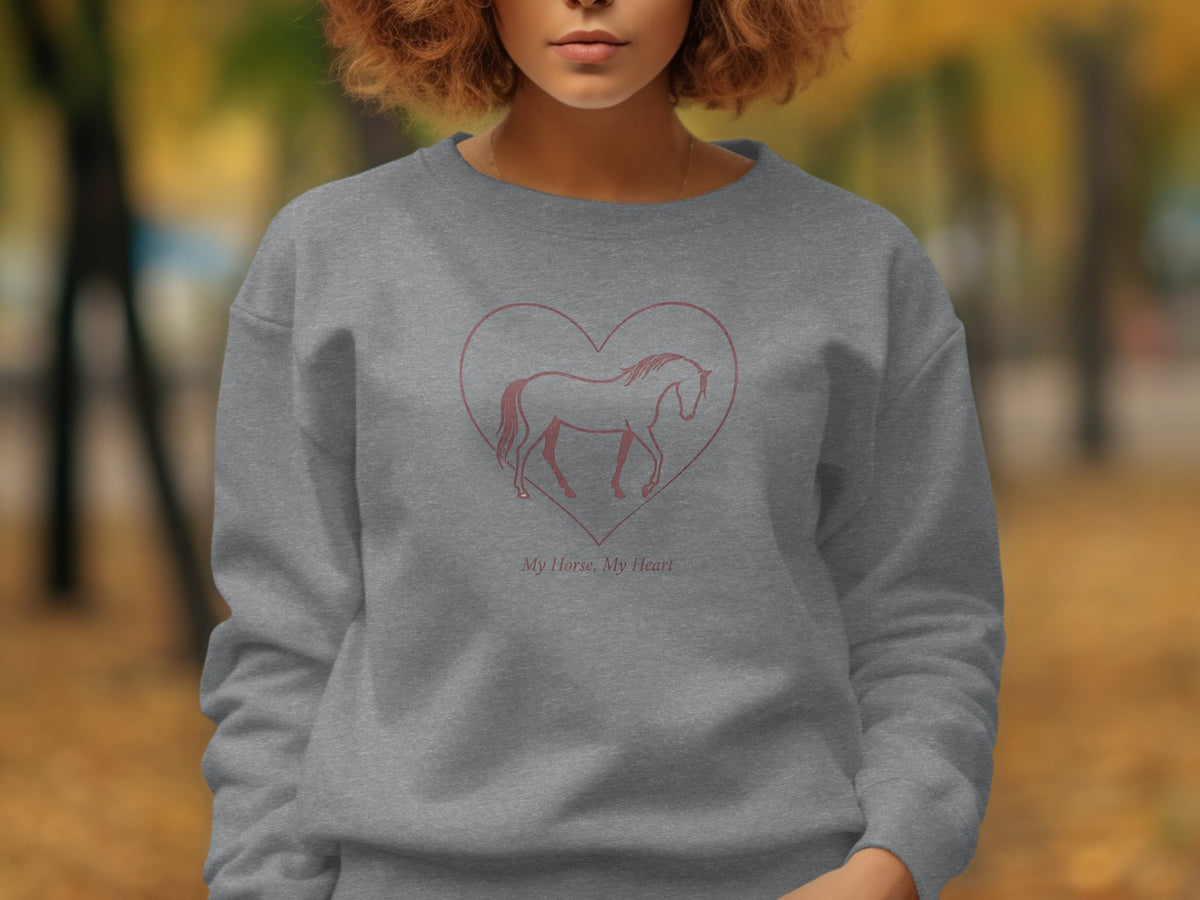 Grey sweatshirt with a horse silhouette inside a heart outline and text.