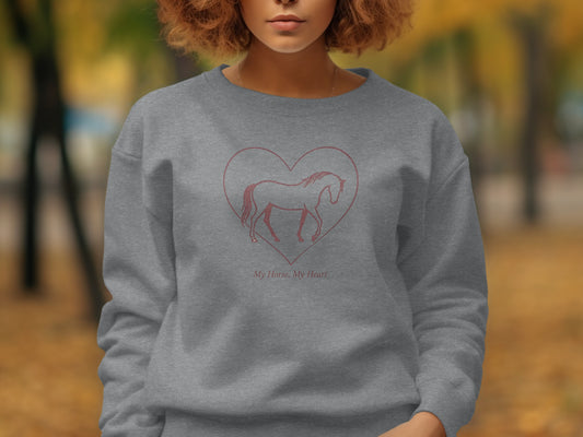 Grey sweatshirt with a horse silhouette inside a heart outline and text.
