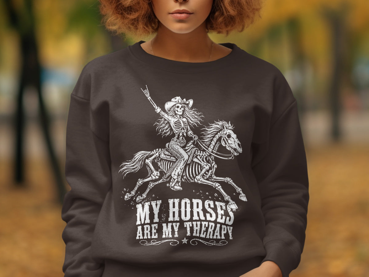 Skeleton cowboy riding a horse with text "MY HORSES ARE MY THERAPY".