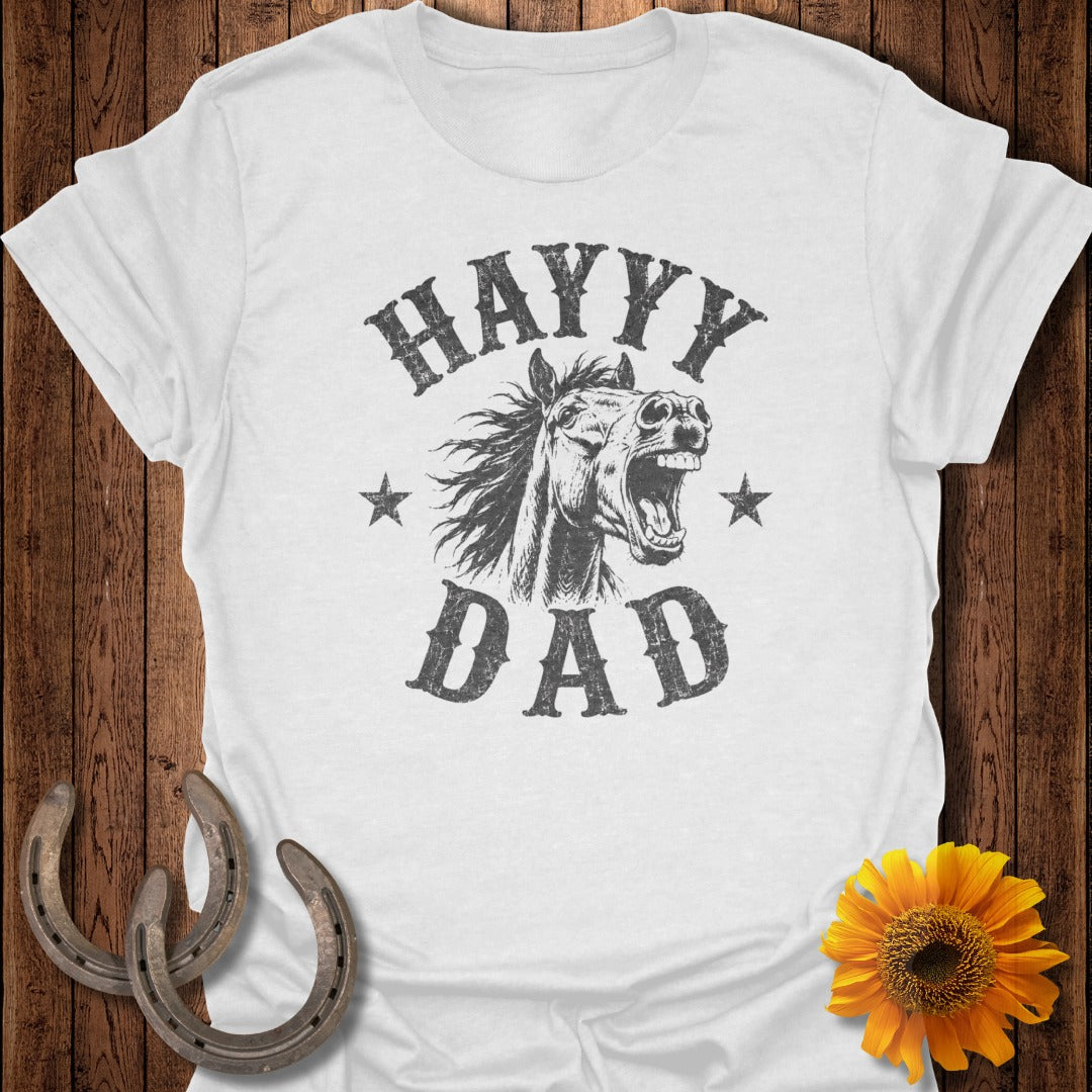 White t-shirt with distressed text "Hayyy Dad" and a horse's head.