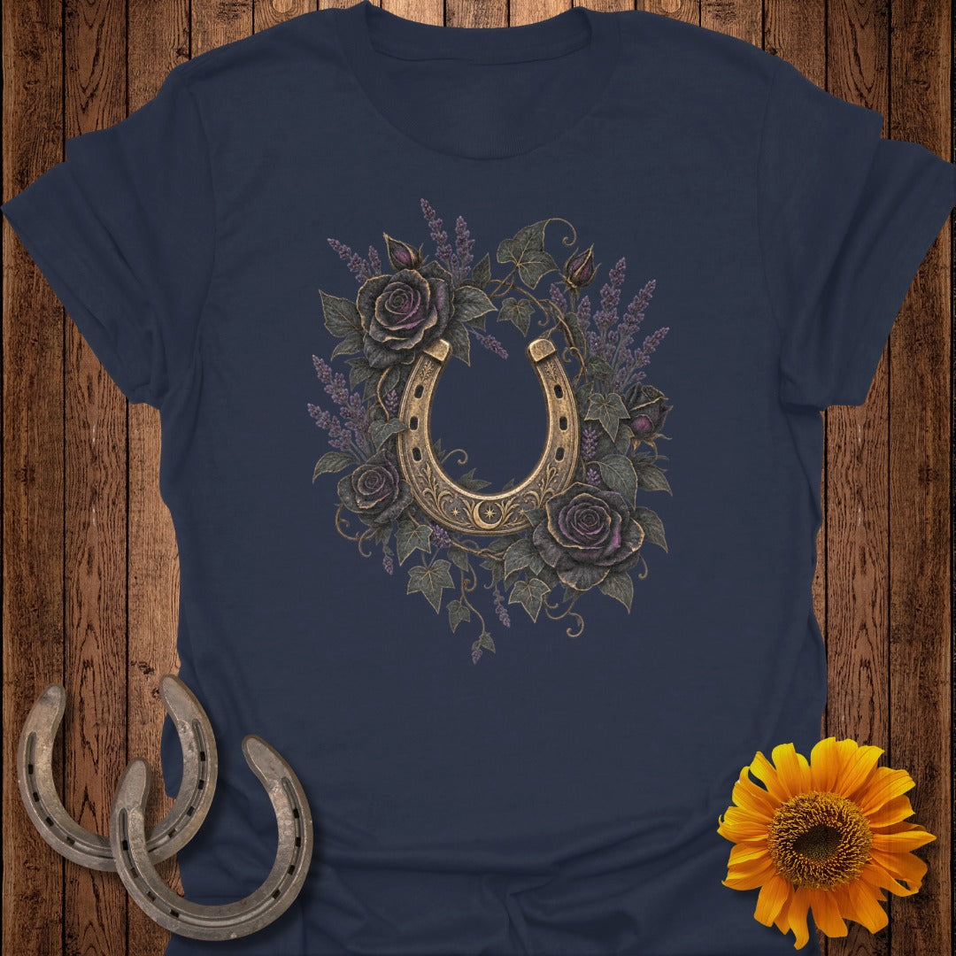 Navy t-shirt with golden horseshoe, dark roses, and lavender floral design.