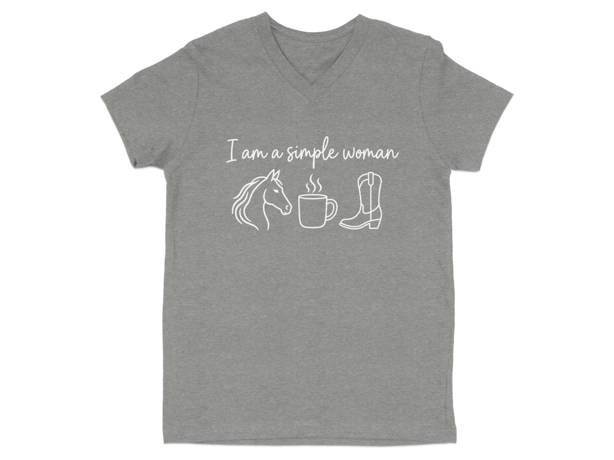 Grey v-neck t-shirt with white text and graphics of a horse, coffee cup, and boot.