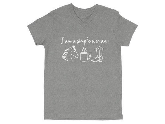Grey v-neck t-shirt with white text and graphics of a horse, coffee cup, and boot.