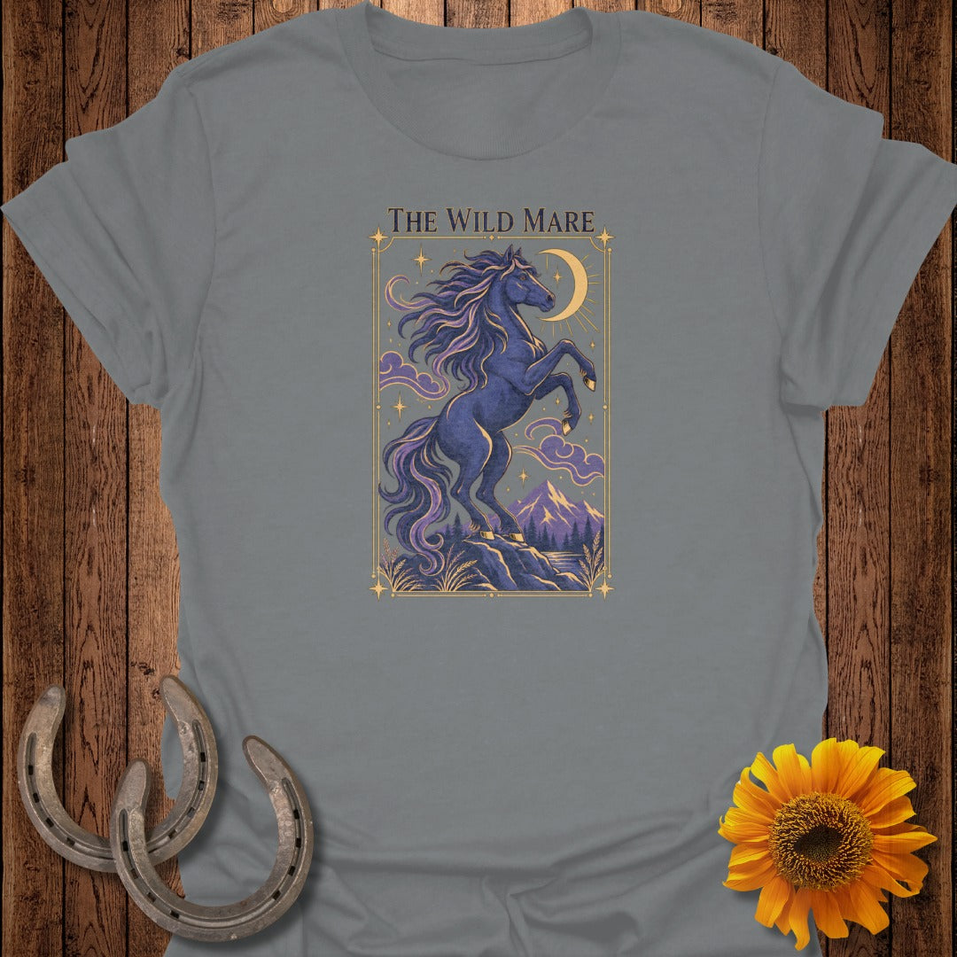 "The Wild Mare" graphic on a grey t-shirt featuring a rearing dark horse, moon, and mountains.